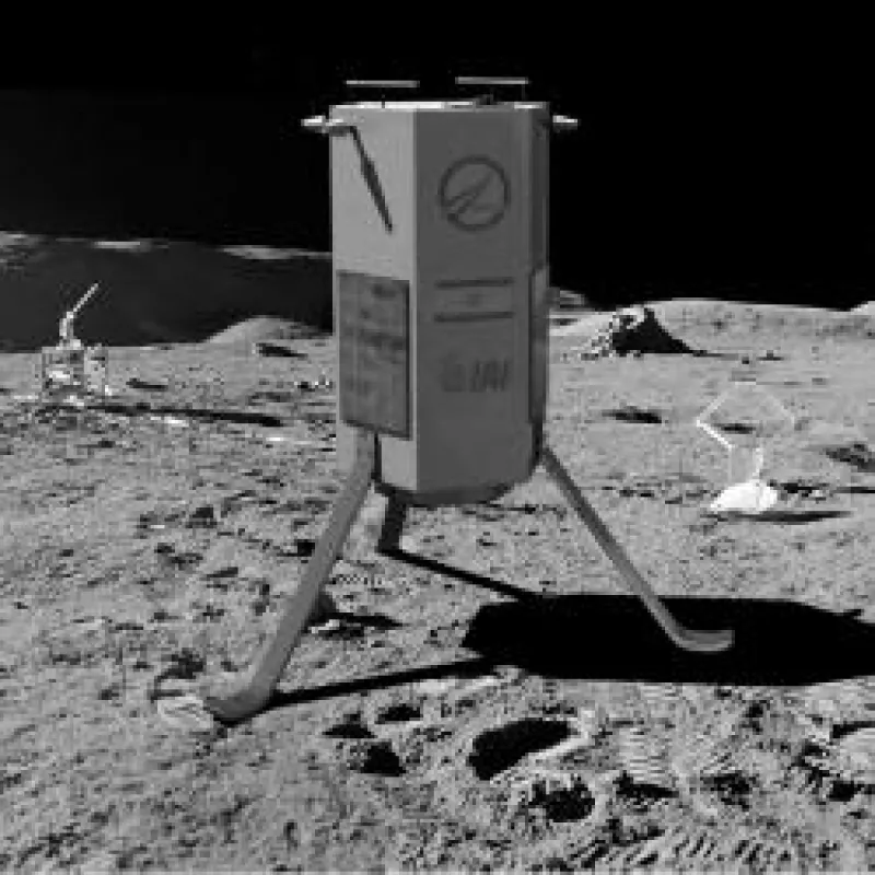Computer game graphic of a lunar module landed on the moon