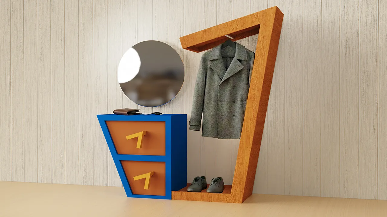 Rendering of an entryway table and coat rack unit with bright blue and orange features.