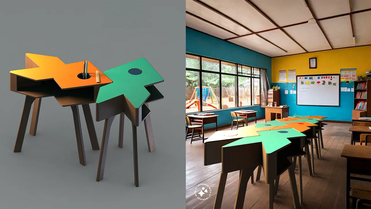 Renderings of teal and orange tessellating fish-shaped school desks in a classroom setting.