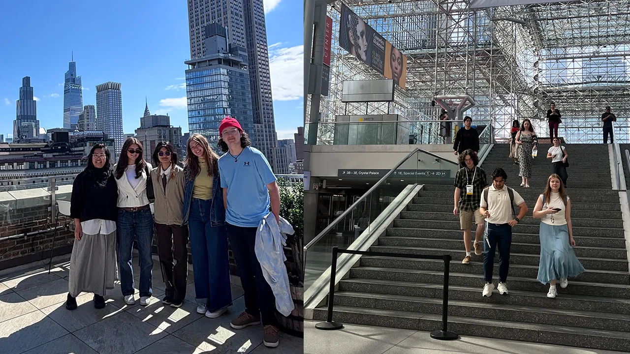 A professor with students standing and smiling on a rooftop patio in Midtown Manhattan. A group of students arriving at the Javits Center.