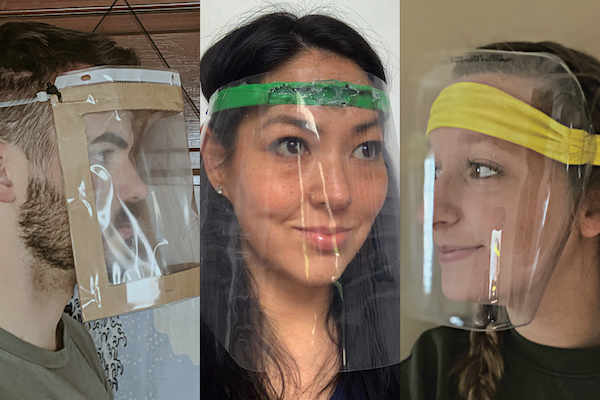 Second-year industrial design students in do-it-yourself face shields