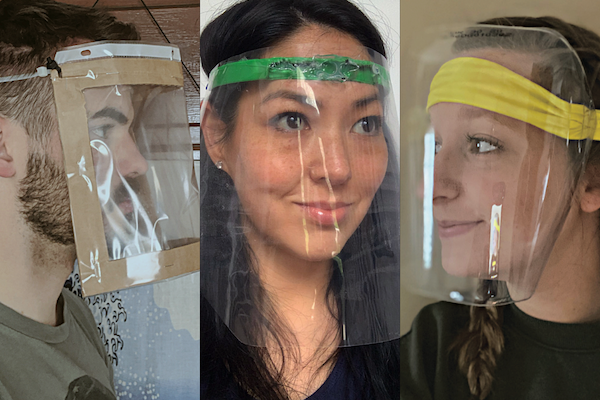 Second-year industrial design students in do-it-yourself face shields