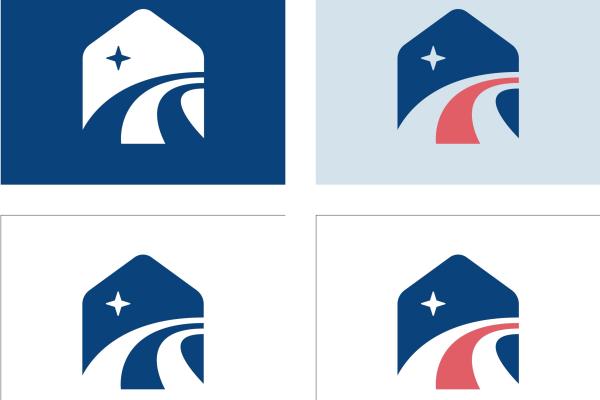 Brand Mark Proposal featuring a curving multi-lane path under a single four point star, all contained within a five sided simplified house form. It appears in several options for one color and multi color use cases.