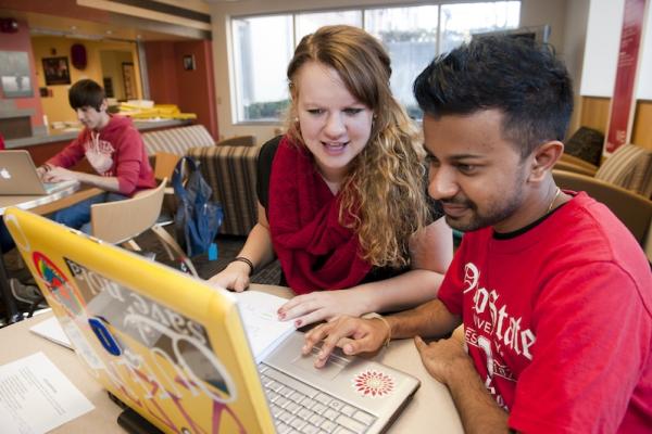 Staff member collaborating with a student on a laptop. 