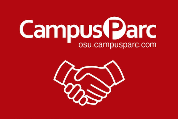 CampusParc logo in white on scarlet with shaking hands graphic below.