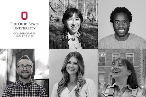 black and white headshots of the five winners, arranged in a grid, with the College of Arts and Sciences logo