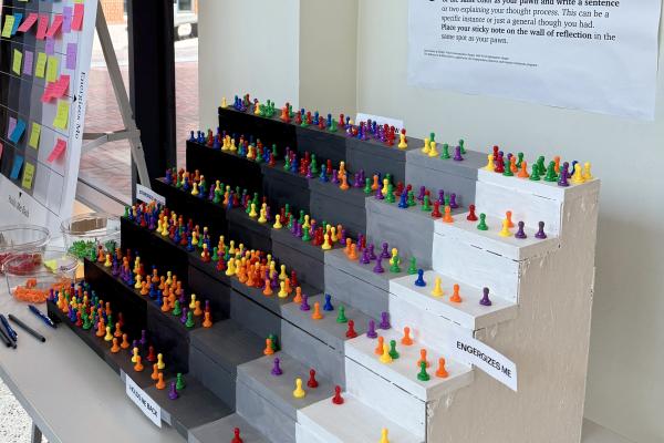 A student project consisting of colorful objects that can be moved along a horizontal gradient and/or a vertical series of graduated steps.