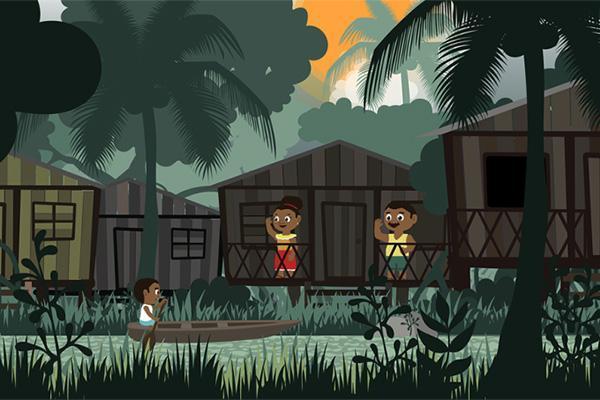 Screen from game showing main charecter rowing a boat down stream past neighbors in a jungle setting