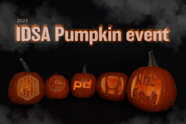 Photo of 5 pumpkins carved for the judges and sponsor companies.