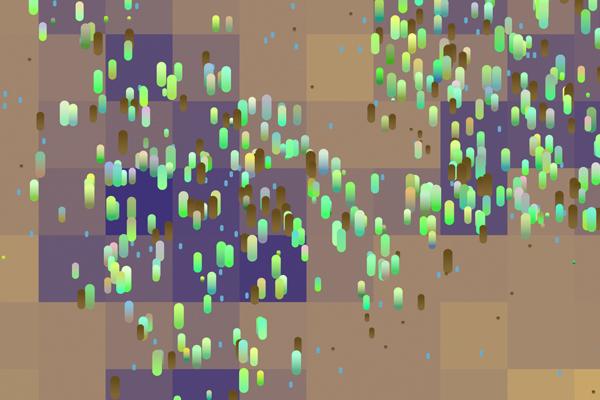 Abstract composition of layered blocks in muted earth tones, overlaid with scattered, glowing vertical dots in green, blue, and white that create a sense of movement across the image.