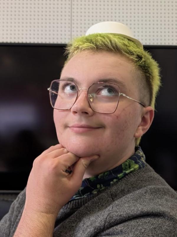 Lou, wearing a small paper bowl as a hat. They had green hair at this time.