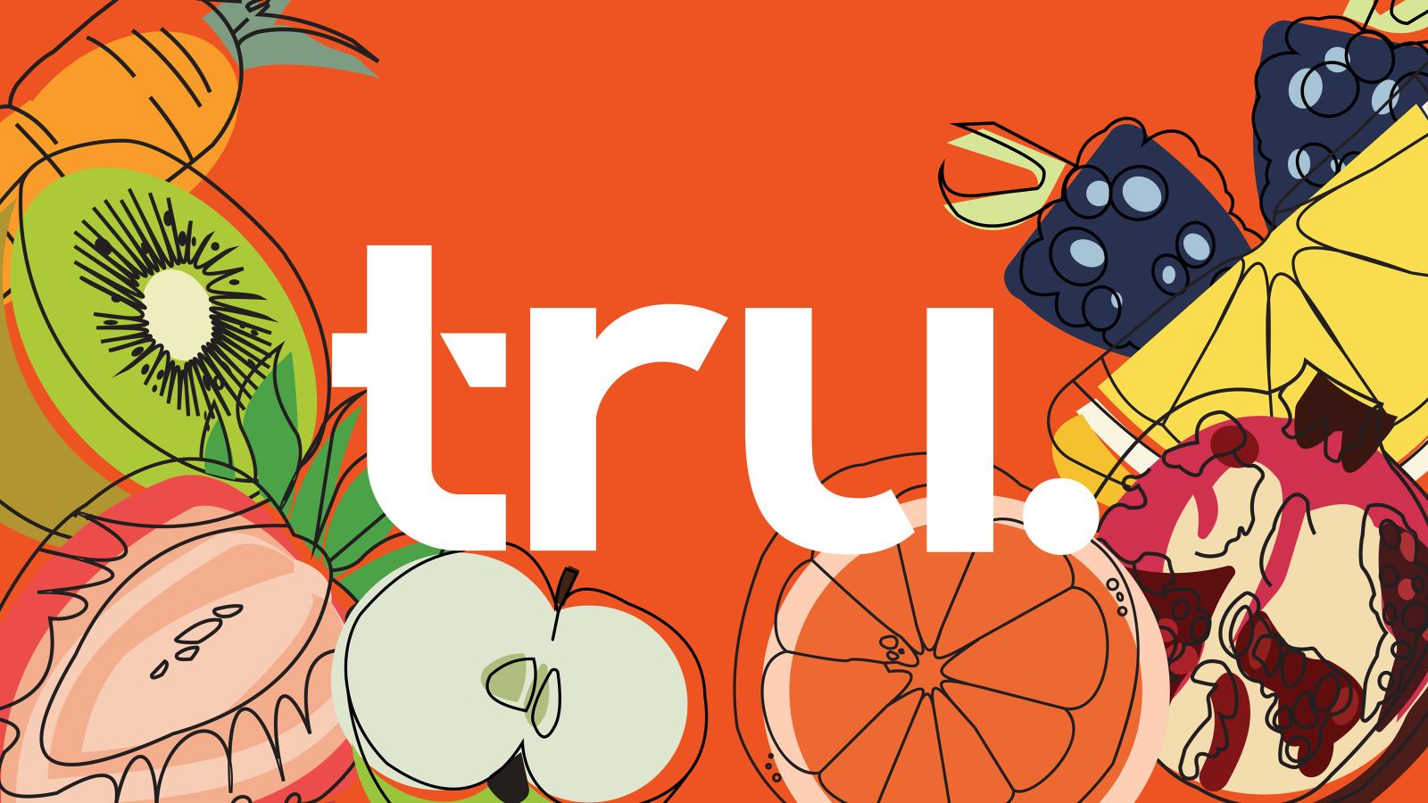 Tru Juice Branding Project | Brand Name surrounded by sliced fruit illustrations