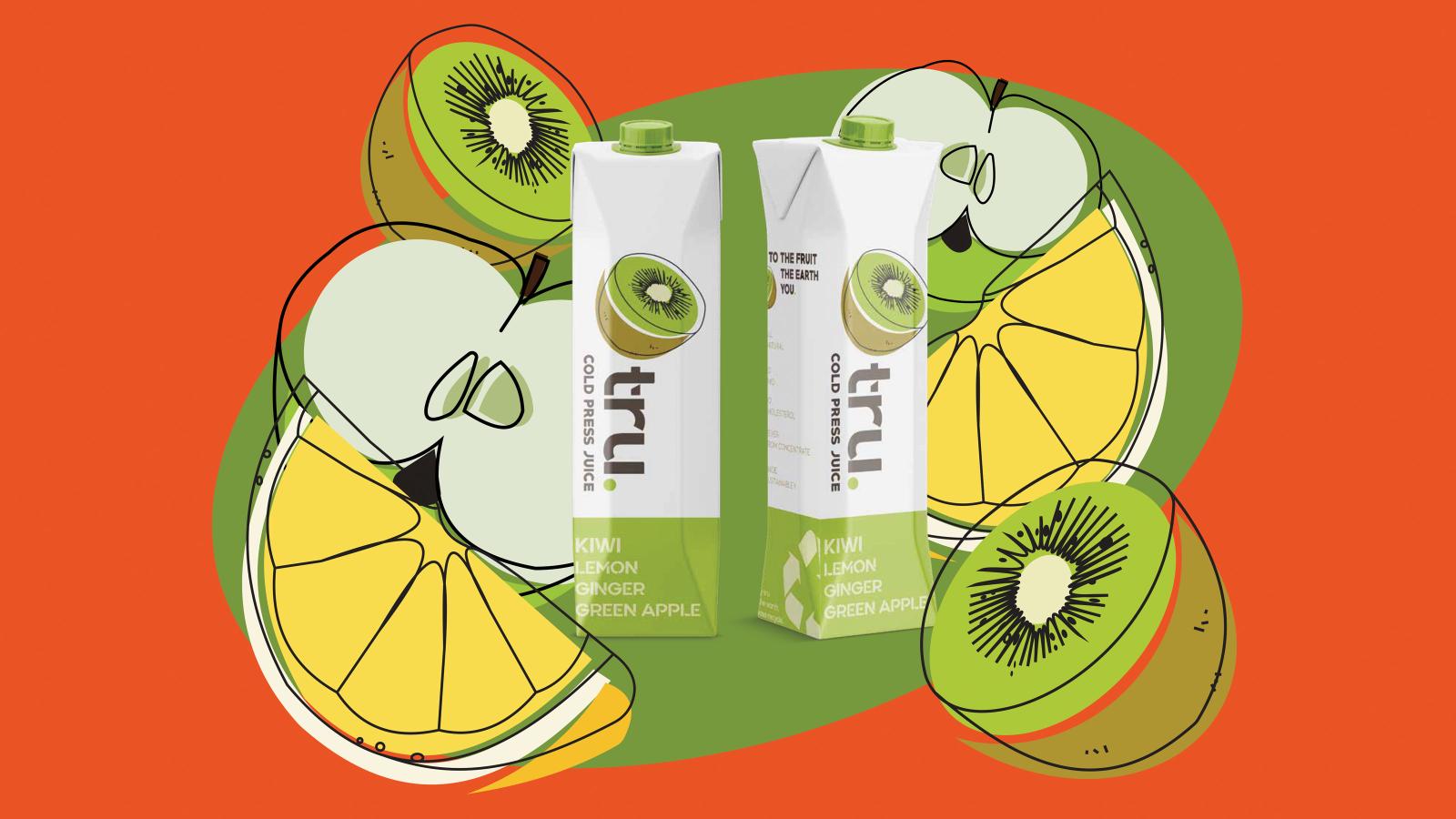 Tru Juice Packaging Design | Juice bottles surrounded by corresponding sliced fruit flavors