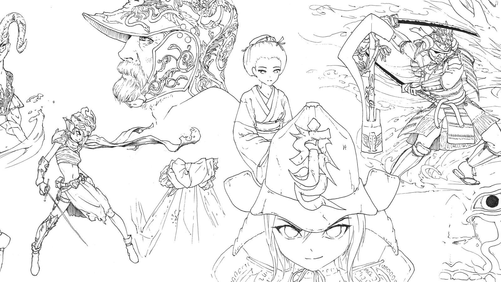 Line art drawing of characters