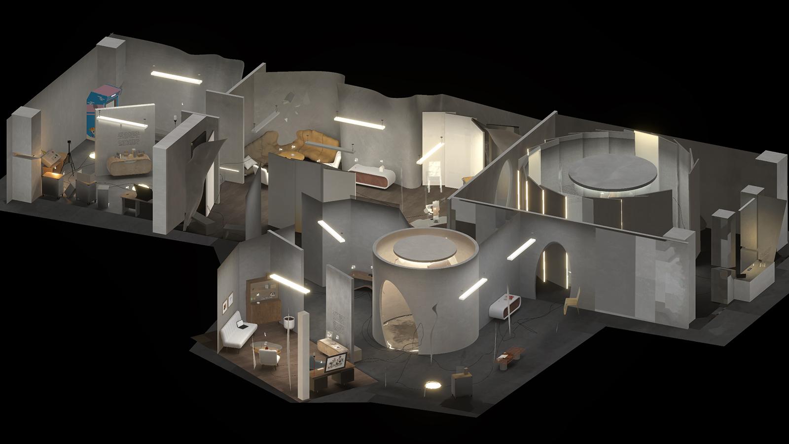 Computer rendering of an isometric view of four rooms with gray walls and furniture.