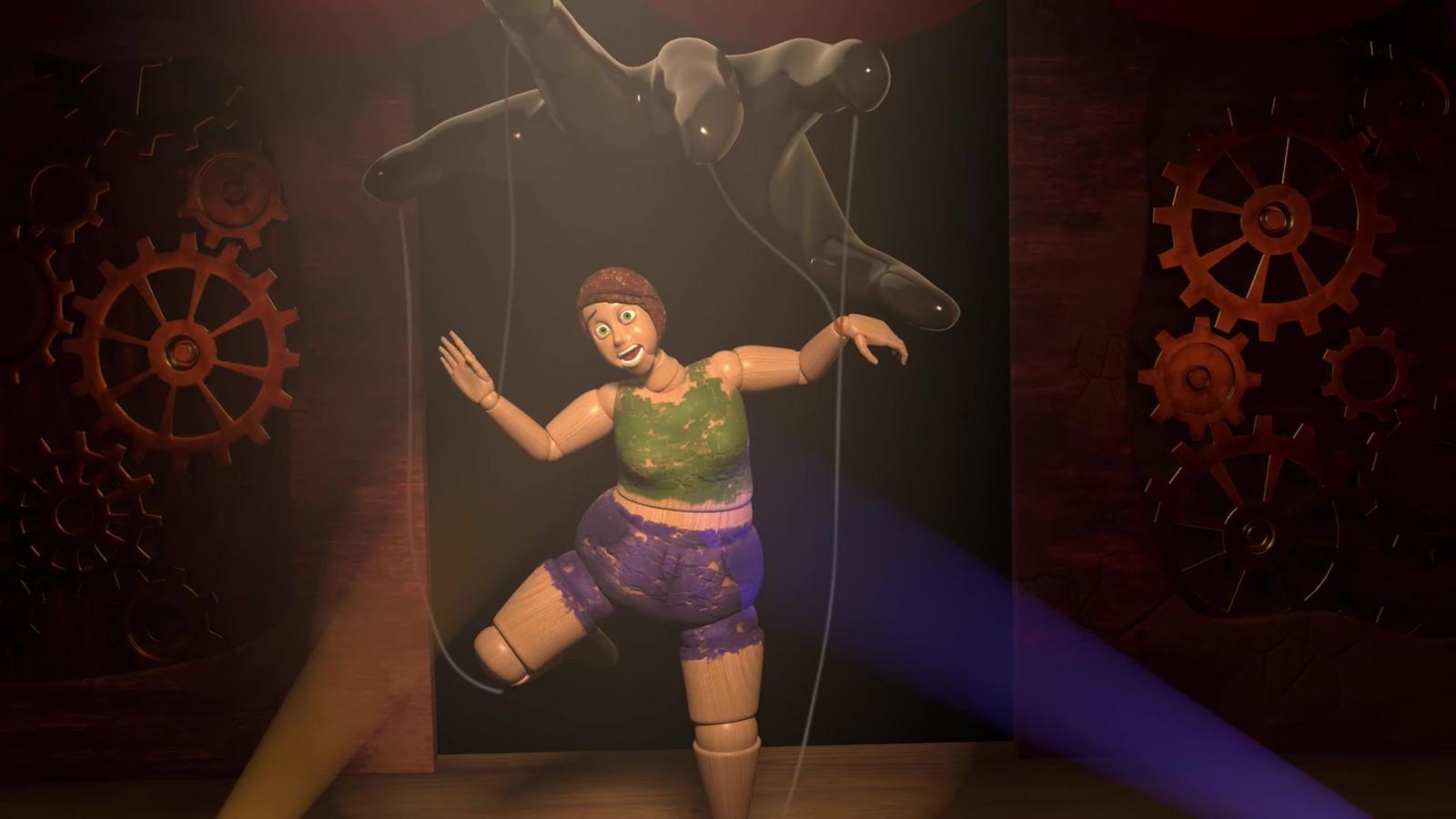 A computer -generated rendering of a female wooden puppet on a stage, controlled by a gray hand above her.