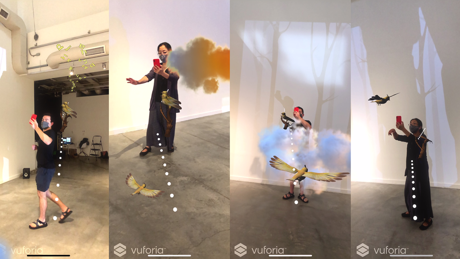 Four images of 2 people individually interacting with a smart phone with clouds and birds and a branch composited on the image.