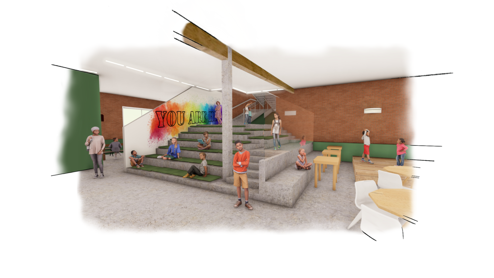 A large social stair with children and teenagers hanging out. On the back wall, a vibrant rainbow graphic reads “you are here” in stenciled spray paint.
