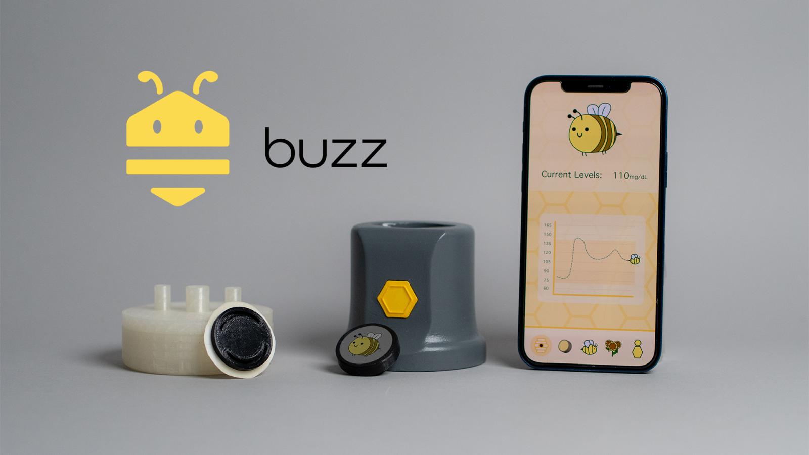 The image shows the buzz logo over top of the applicator and a phone displaying the buzz app.