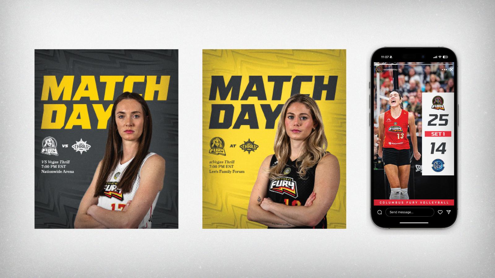 Two matchday social graphics. One for home games and one for away. On the right is a mockup of an Instagram story graphic displaying the set 1 final score.