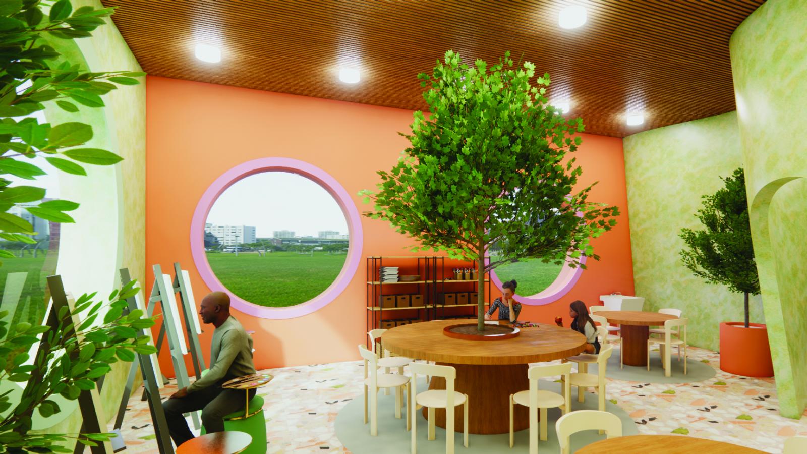 Abright,modernartstudiofeaturinglargecircularwindowsthatoverlookagreen landscape. The walls are painted in warm, earthy tones, and a tree grows in the center of a round wooden table. People are engaged in artistic activities at easels and tables, surrounded by lush greenery.