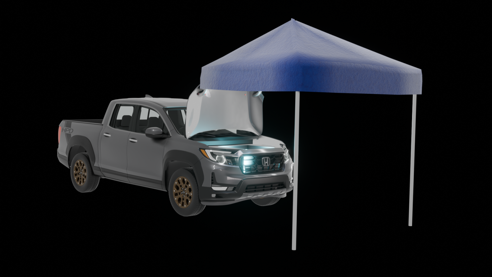 Honda Ridgeline EV with the hood up, a square tent is magnetically attached to the front of the vehicle using the underside of the hood, with metal poles reaching the ground to hold it upright.