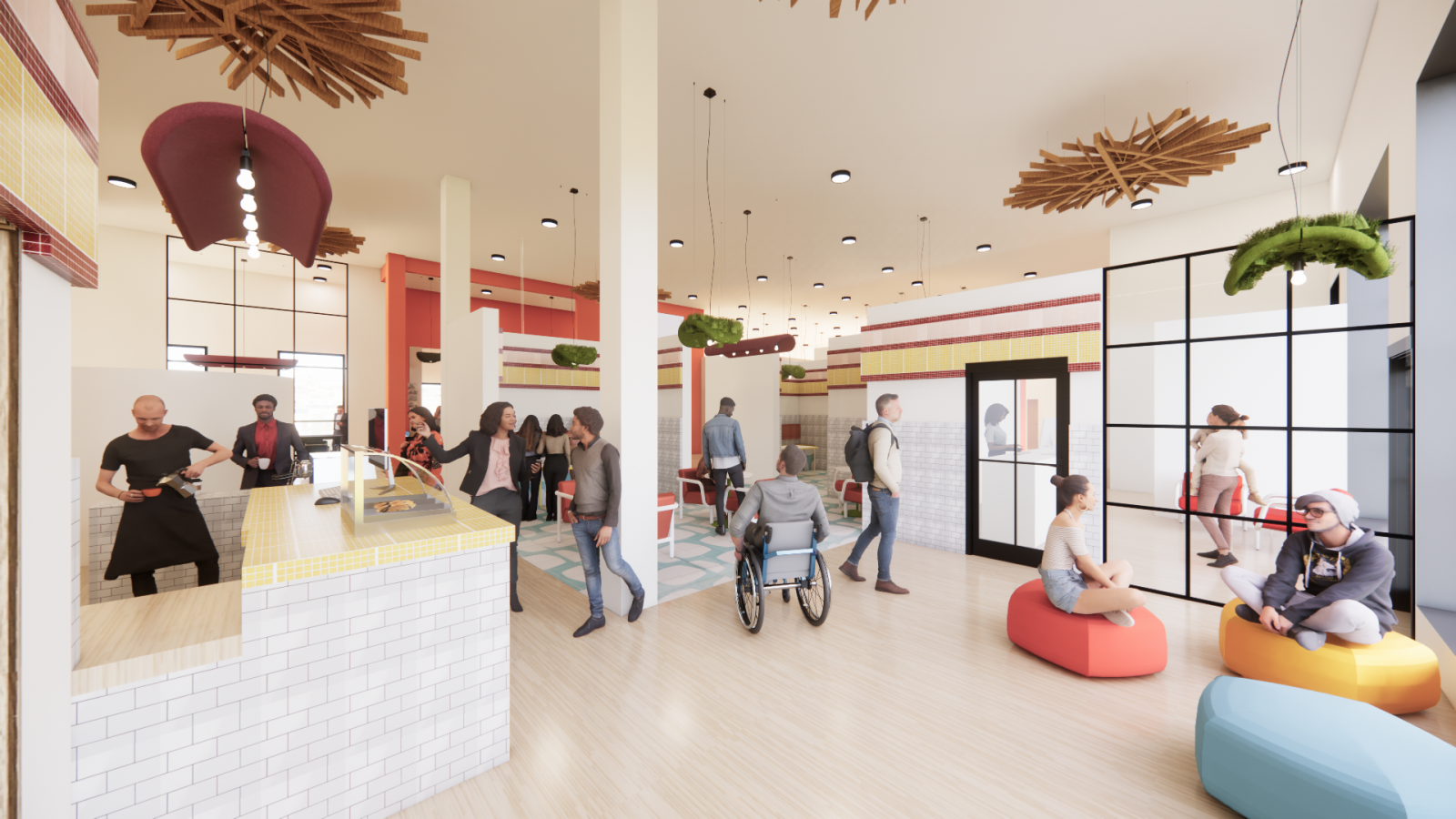 A lively, open-concept space featuring a café counter, seating areas, and activity zones. People of diverse backgrounds, including wheelchair users and caregivers, interact in a warm, inviting environment with artistic lighting and greenery.