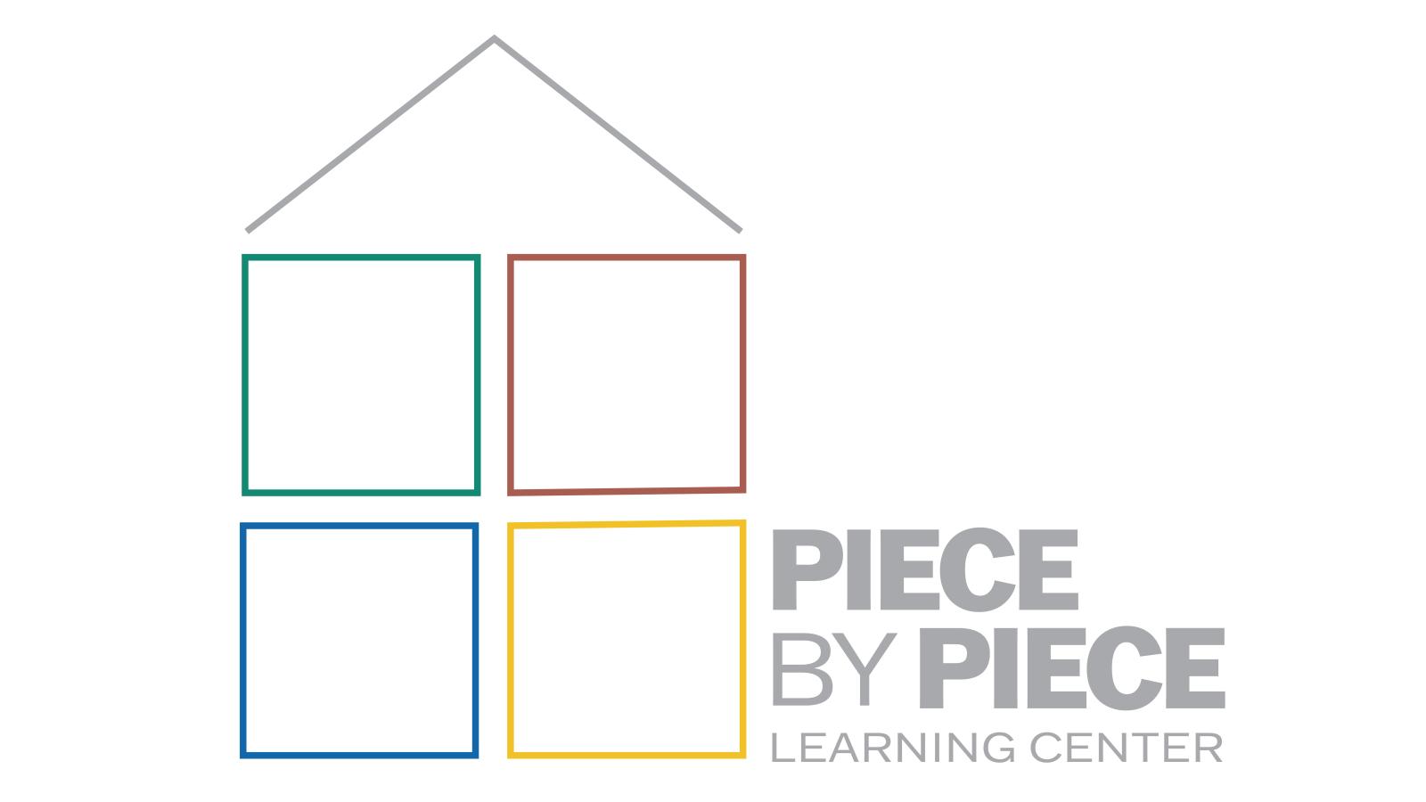 The logo features four outlined squares in blue, green, red, and yellow, arranged to form a house-like structure. A gray roof shape sits above the squares. To the right, the text reads Piece by Piece Learning Center.