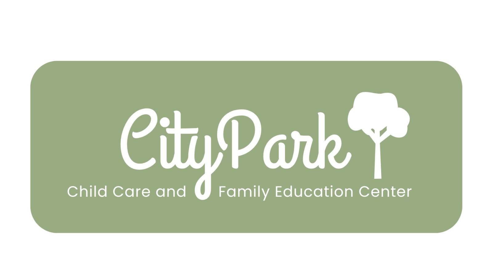 Logo of 'City Park Child Care and Family Education Center.' The logo has a green rectangular background with rounded edges. The words 'City Park' are written in a white cursive font, with a tree icon integrated into the design. Below, in smaller white sans-serif font, the text reads 'Child Care and Family Education Center.’