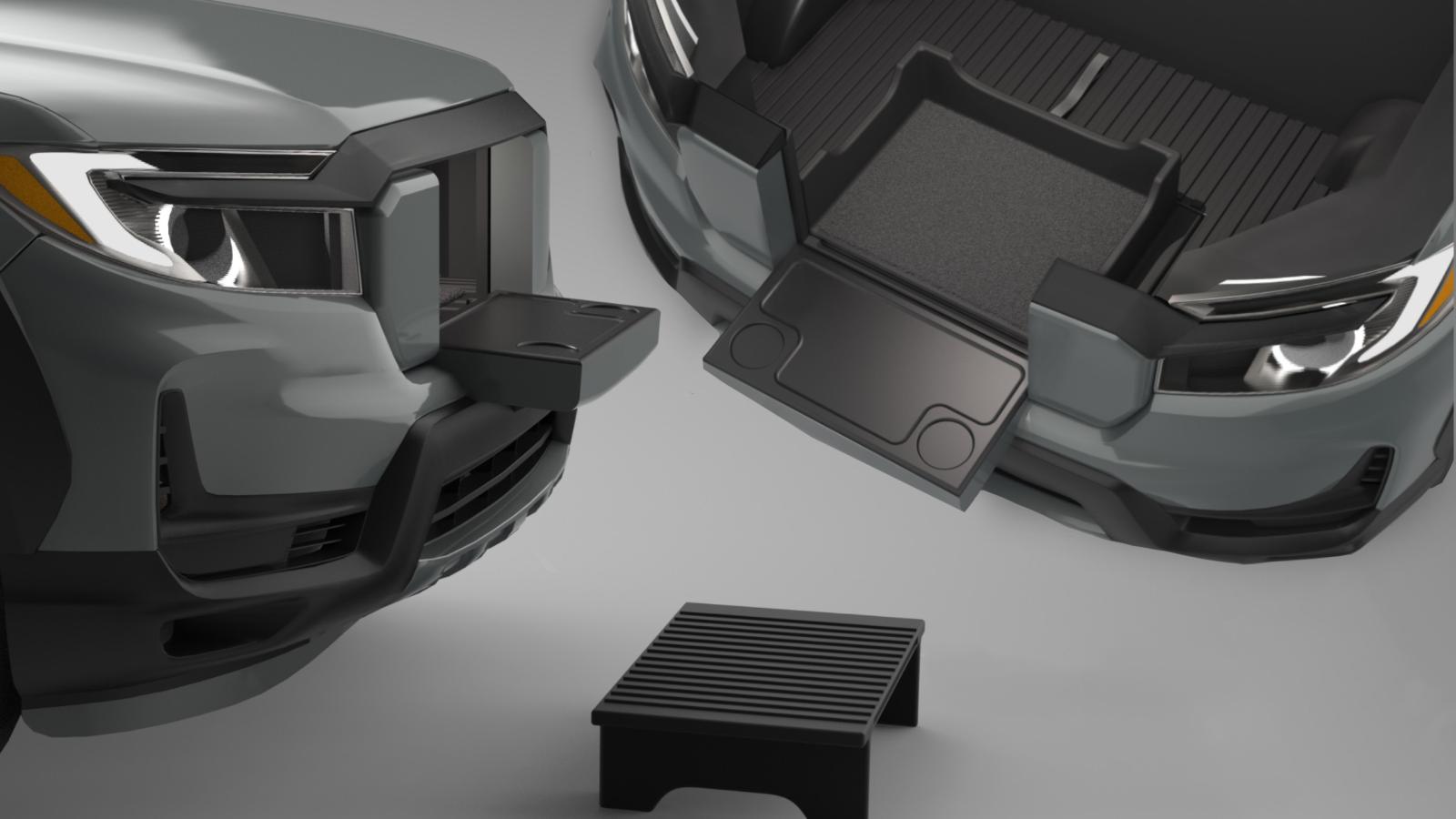 A collage of three angles of 3D renderings on the Honda Ridgeline showing the opened Grille Gait, the Grille Guard in the frunk, and the Grille Guard turned over on the ground as a stepping stool.