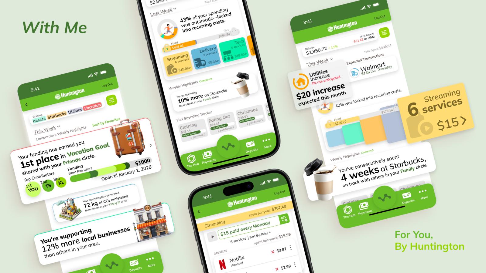 Huntington Bank mobile app interface showcasing spending tracking features, including vacation goals, streaming services, recurring costs, and environmental impact metrics.