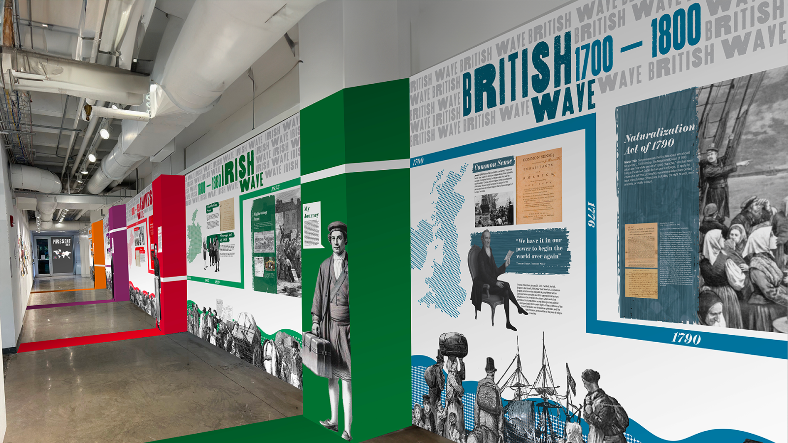An exhibition titled "Nation of Strangers" is displayed in the Hopkins Hall Hallway, showcasing five significant waves of immigration to the United States. On the walls, each pillar presents a unique immigrant story linked to one of the following waves: British, Irish, Chinese, Japanese, and Mexican.