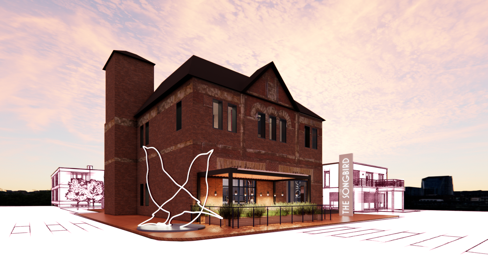 The exterior shows a brick building with a covered patio area. On the left is a sculpture that resembles the outlines of two birds. On the right is a white, vertical, illuminated sign that reads, “The Song Bird. ”