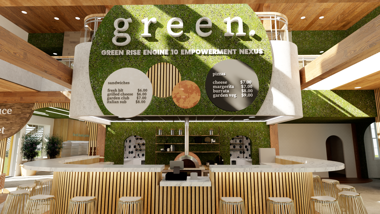 The entrance to GREEN, featuring a curved bar with gold stools, a lush green wall with menu signage, and a wood-burning pizza oven in the background. Natural wood and marble accents blend with greenery, creating a welcoming, sustainable dining environment.
