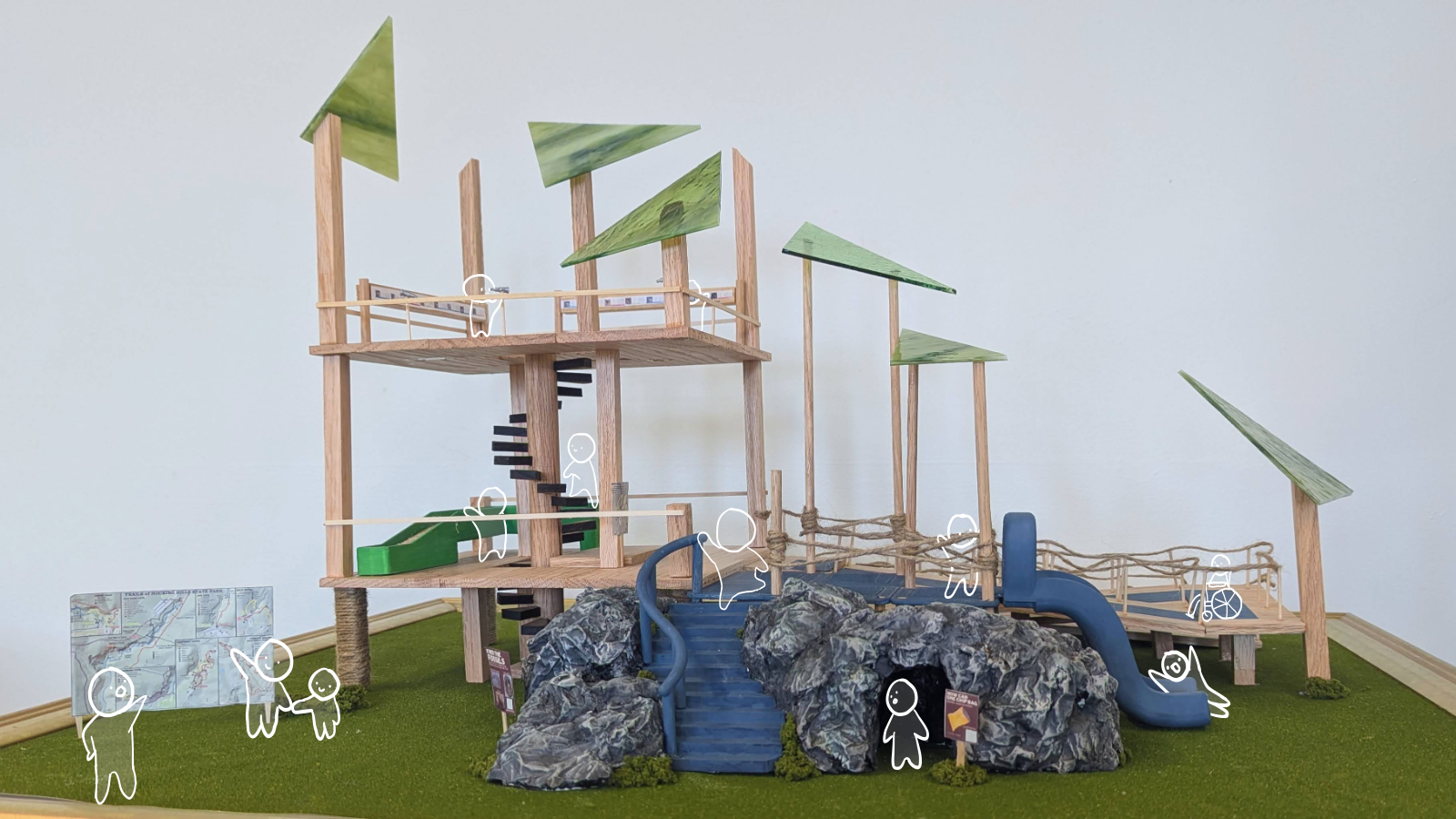 This is a scale model of the prototype for the Rock House Nature Center. It is created mostly of wood but also has a rock formation with steps going up through the rocks. The rocks are realistic looking but are made of plaster. There are lots of signage that are too small to see, but give the idea of interactions. There are stained glass triangles over the top of the structure, providing for interesting light and shadows. There are hand sketched people drawn on to implement different interactions such as cl