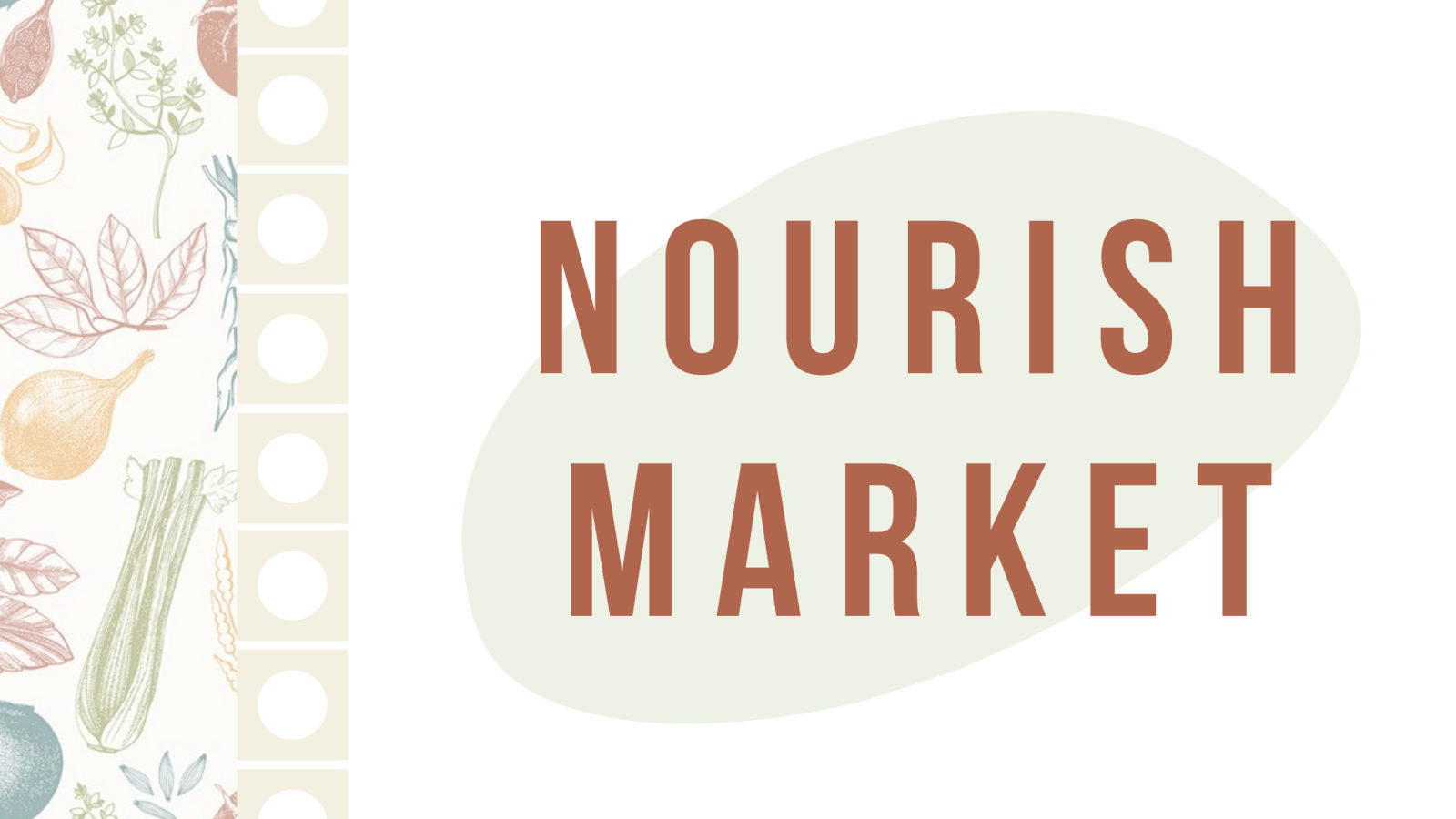 Logo – Nourish Market in copper letters with a sage green circle behind it and a graphic of fruits and vegetables.