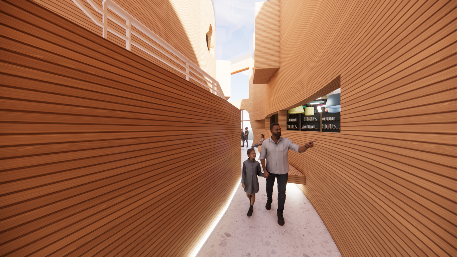 A modern architectural corridor with curved wooden walls and integrated lighting along the floor. A man and a young girl walk through the space, with the man gesturing towards a library or bookstore visible through a window cut into the curved wall. The background features an open courtyard with additional architectural elements and people. The design combines organic curves with warm materials, creating a futuristic yet inviting atmosphere.