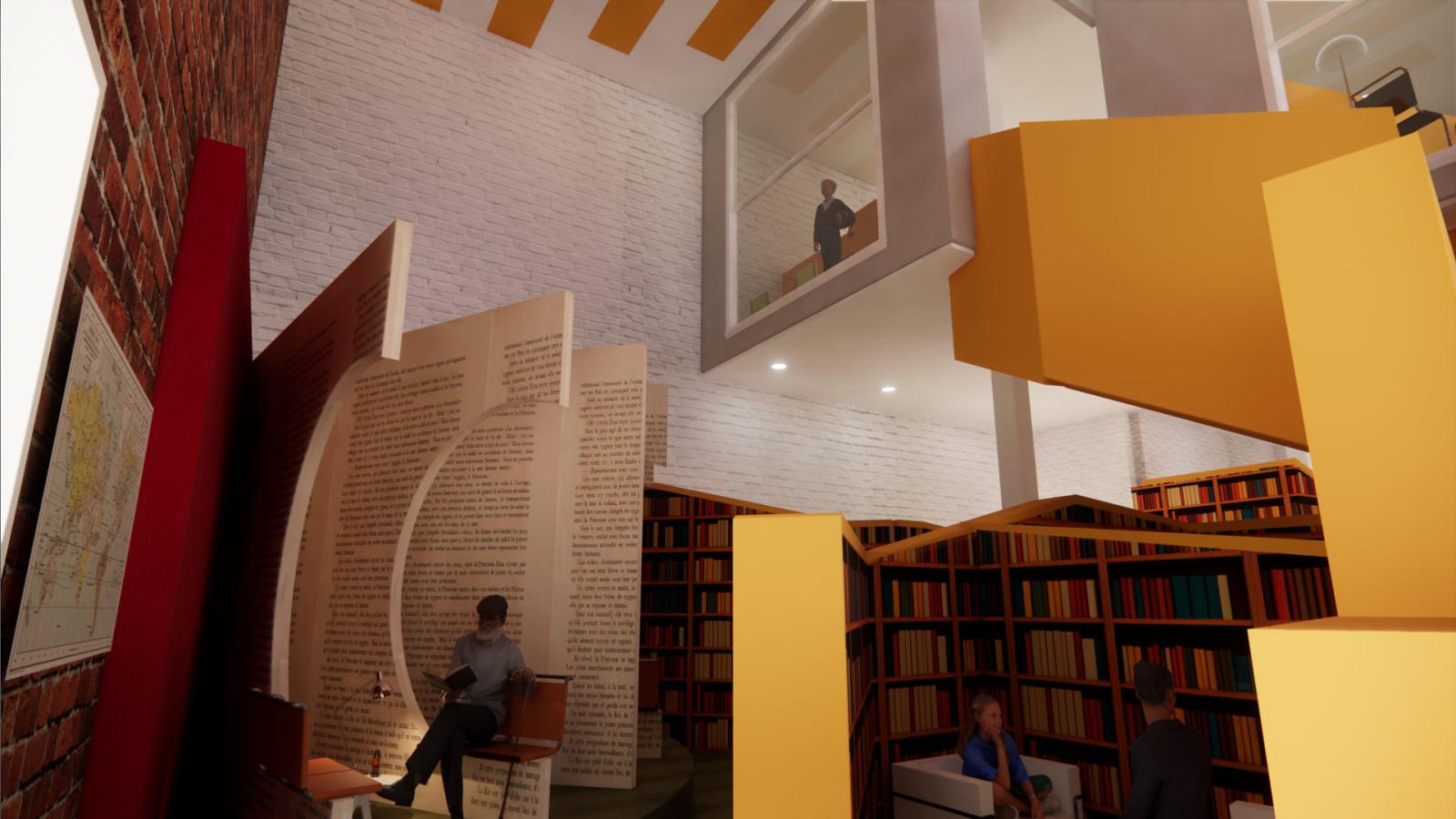 A view from the first floor looking out onto the public library space. There is a large, open book in the corner with benches and tables within its pages. There is a student looking down from the second floor through a large garage-style window.