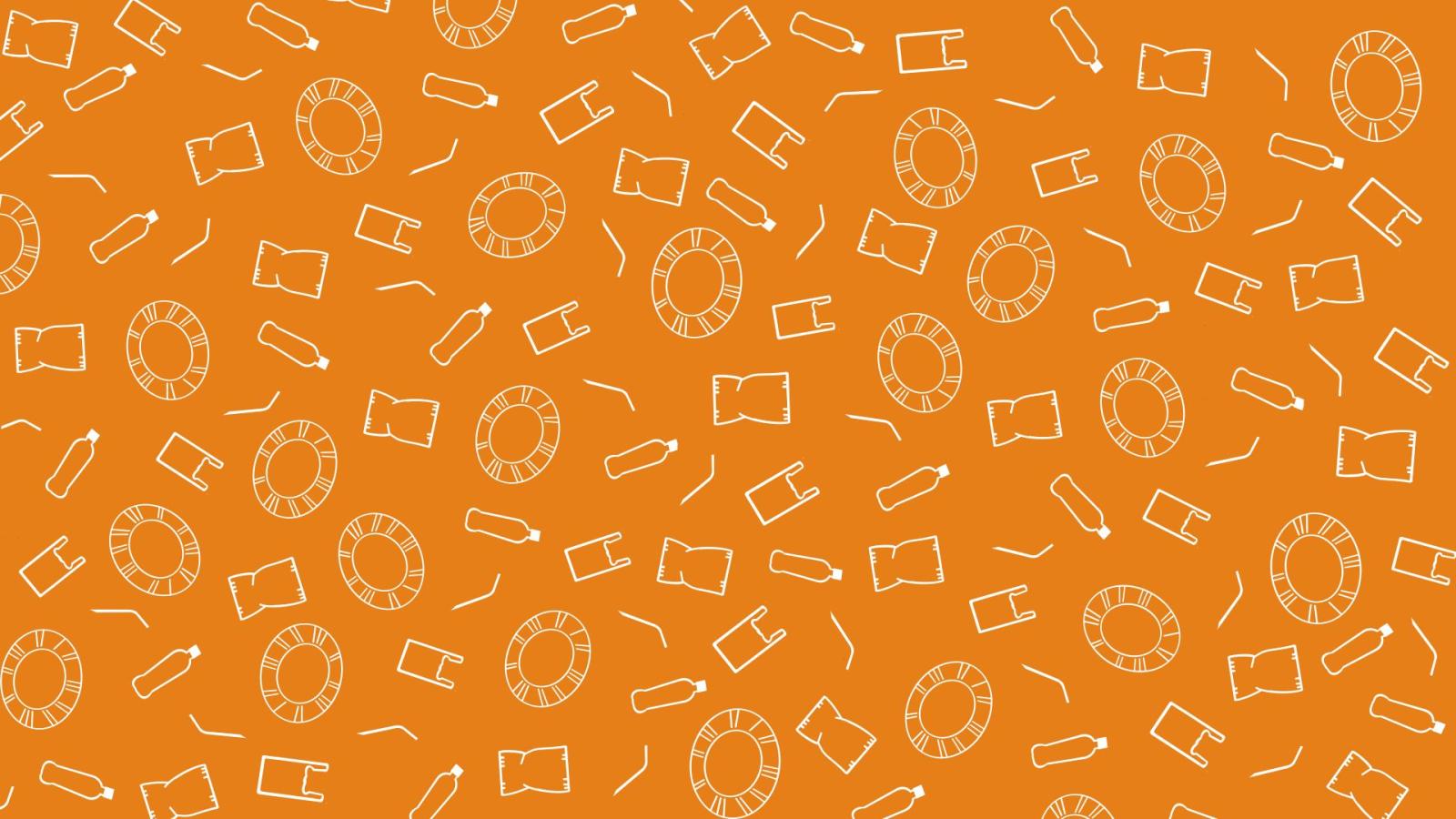 A close up of the trash can lid pattern featuring simple, white icons of straws, beverage containers, and plastic bags.