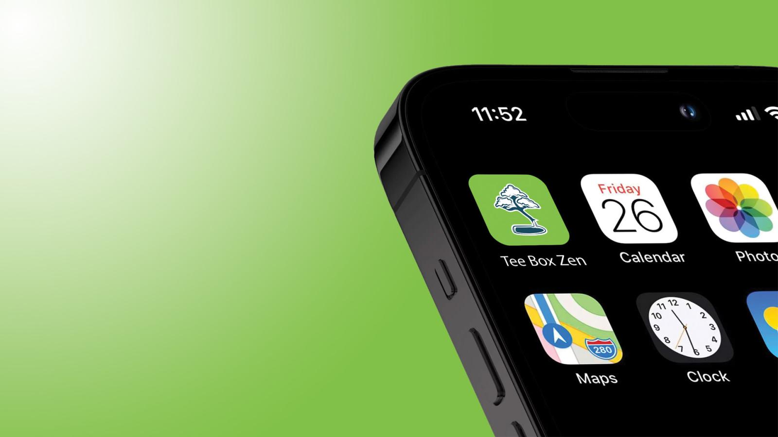 Mockup of an iPhone home screen displaying the Tee Box Zen mobile app.
