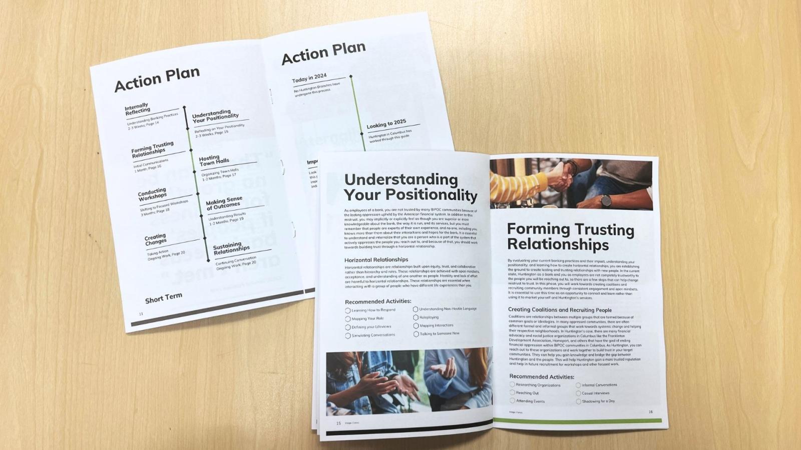 The image shows two additional page spreads that outline the short-term and long- term goals of the engagement process as well as some of the phases Huntington would complete in the process. These phases include understanding their positionality and forming trusting relationships