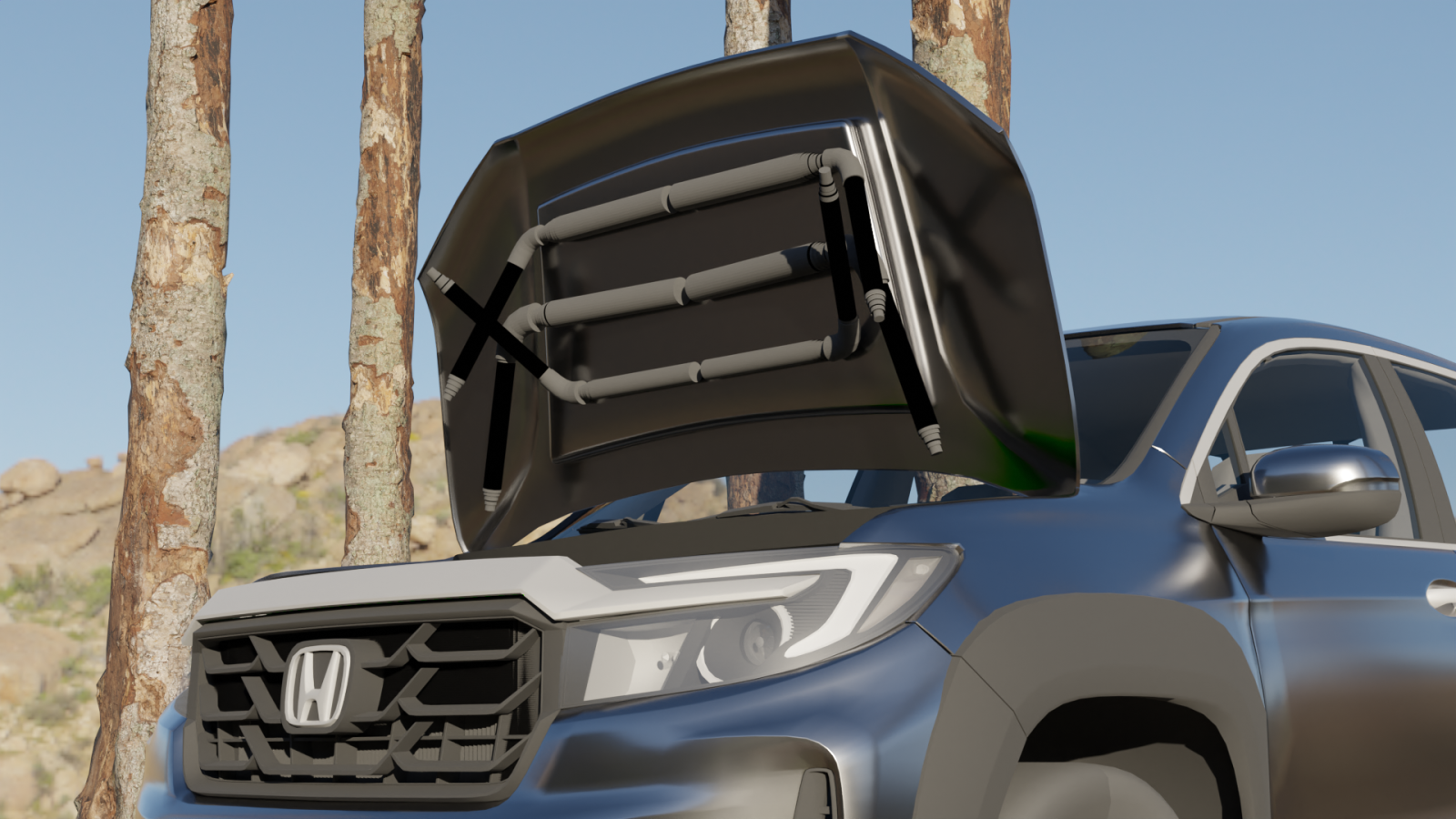 A close-up of a Honda EV with its frunk hood open, revealing a folded frame structure neatly stored inside the hood’s underside.