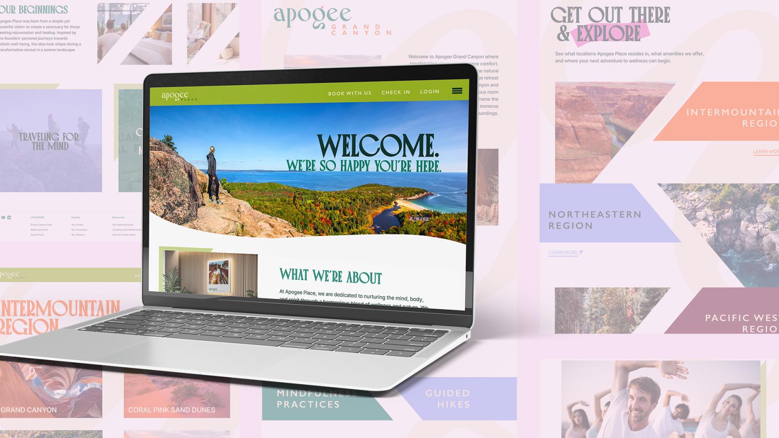 A laptop displaying the Apogee Place website, featuring a welcoming message, nature-inspired imagery, and an inviting layout. The background consists of various website sections showcasing travel destinations and wellness offerings. 