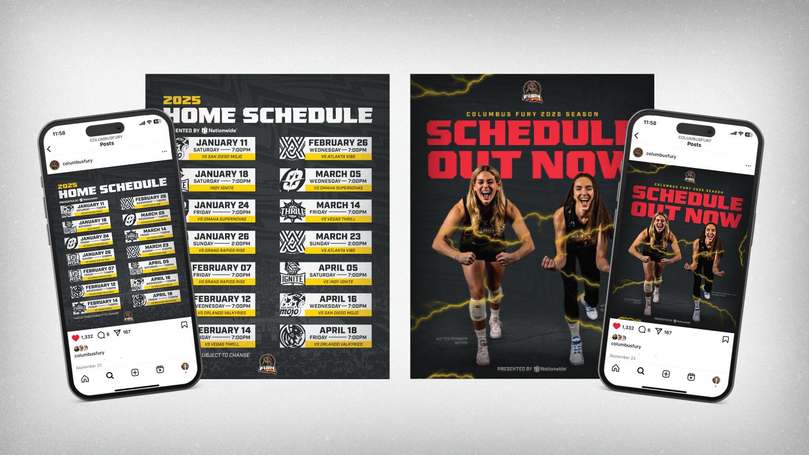 On the left is a 2025 home schedule graphic and a mockup of it on an Instagram post. On the right is another graphic that says “Schedule Out Now” with an Instagram mockup on a phone next to it.