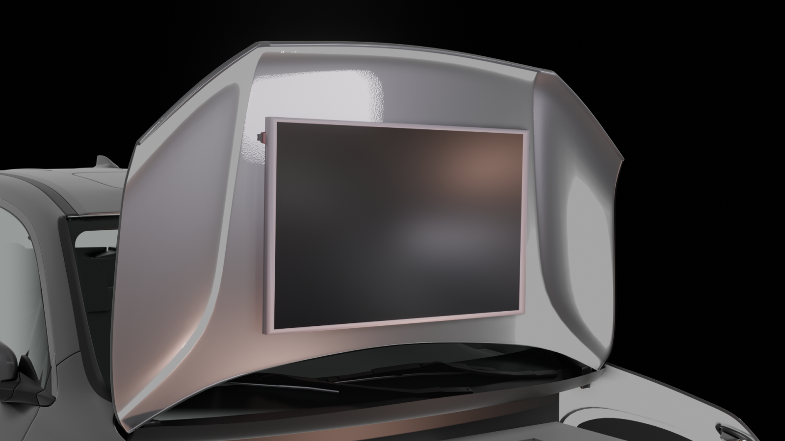 Honda Ridgeline EV with the hood up, and a TV screen attached to the center of the hood.