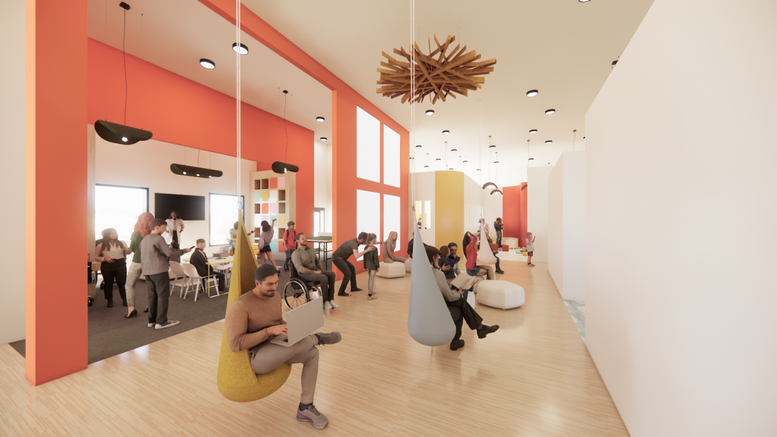 A lively and inclusive community hub filled with people of all ages engaging in various activities. Individuals are seen socializing, reading, and working in suspended seating, while children play and interact in the open, flexible space. The design features warm colors, natural light, and diverse seating options, fostering connection and comfort for all abilities.