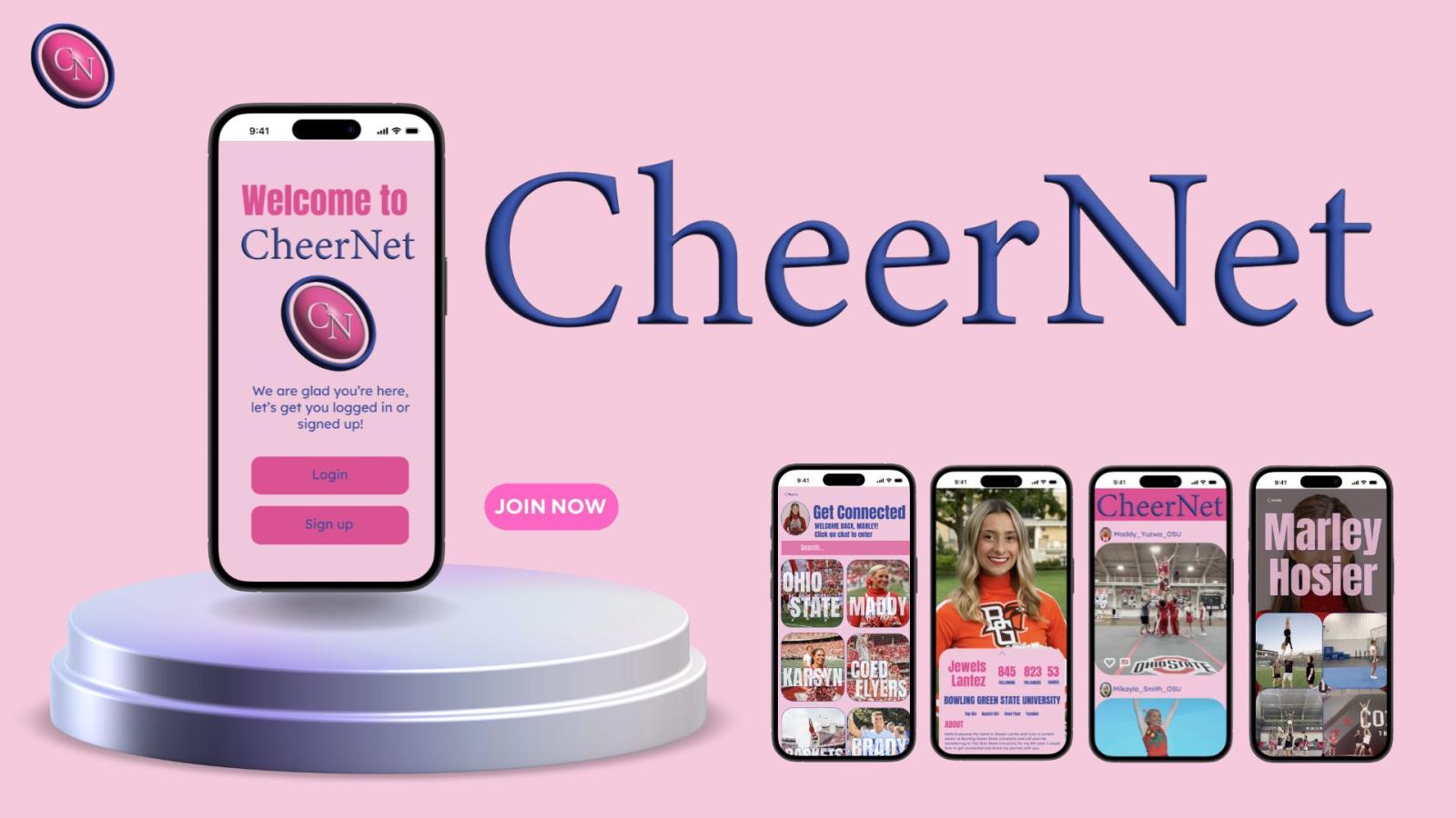 This image highlights CheerNet with a stylish, modern layout set against a soft pink background. A smartphone on a raised platform displays the app’s login screen, while four additional screens showcase user profiles, team interactions, and exclusive content. The bold “CheerNet” lettering reinforces the brand’s identity and mission.