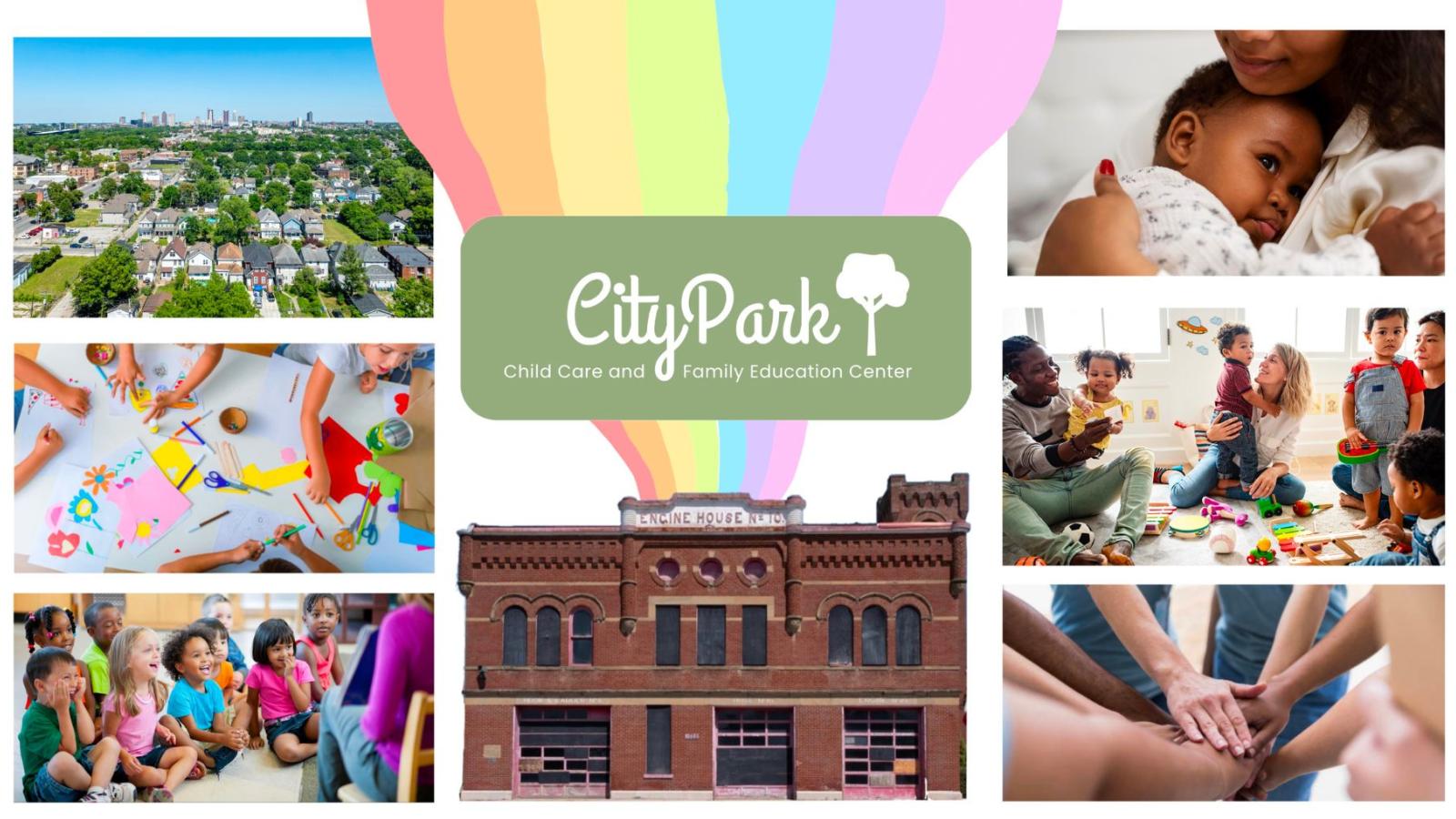 A collage-style promotional image for 'City Park Child Care and Family Education Center.' The center logo is in the middle with a green background, white cursive text, and a tree icon. Behind the logo, colorful rainbow-like beams extend upward. Below the logo is an old red brick building labeled 'Engine House No. 10.' Surrounding the central elements are various images: an aerial view of a city neighborhood, children doing arts and crafts, a mother embracing a baby, a group of children engaged in playtim