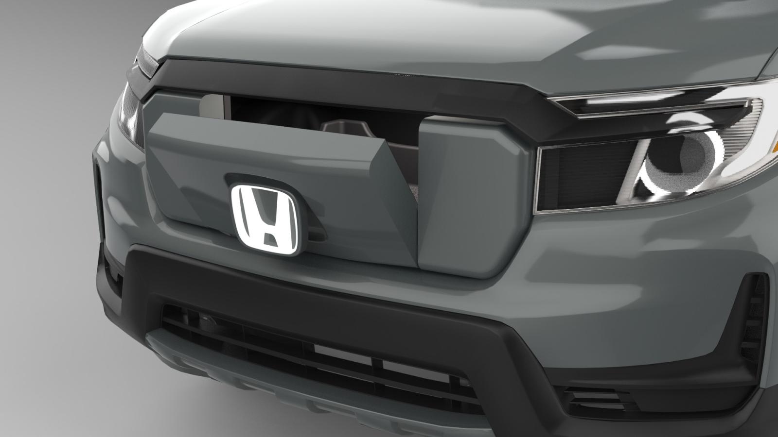 A 3D rendered image of the front of a Honda Ridgeline with a large LED Honda logo as a handle that has been pulled forward to show that it has been used. The Grille Gait is dropping down from its closed position to start to reveal an access into the frunk.