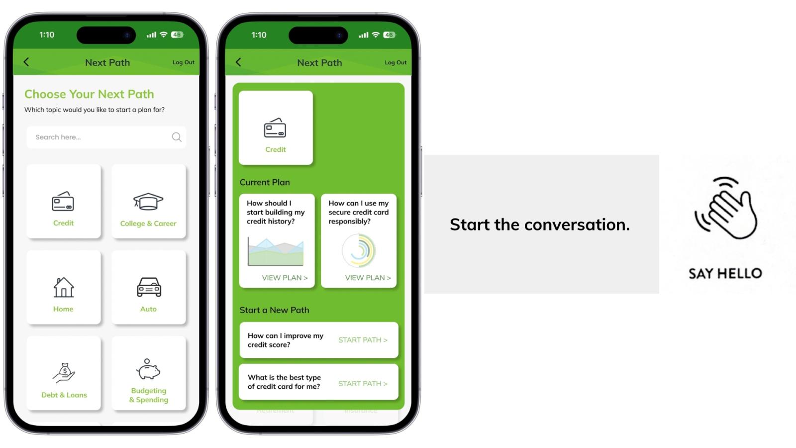 A screenshot of NextPath on mobile phones, showing a menu with options like 'Credit', 'Home', 'Auto', and 'Budgeting & Spending'. Another screen highlights the 'Current Plan' section, showing options for viewing current plans or to start a new plan.